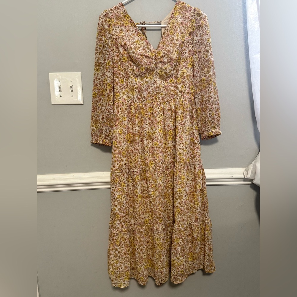 Midi Floral Print Long Sleeve Dress